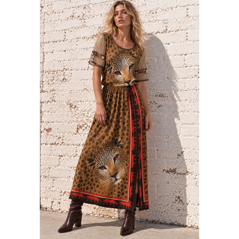 Rare Vintage 80s Designer Mare Mizar Italy Viscose Leopard Maxi Dress 40/M/L